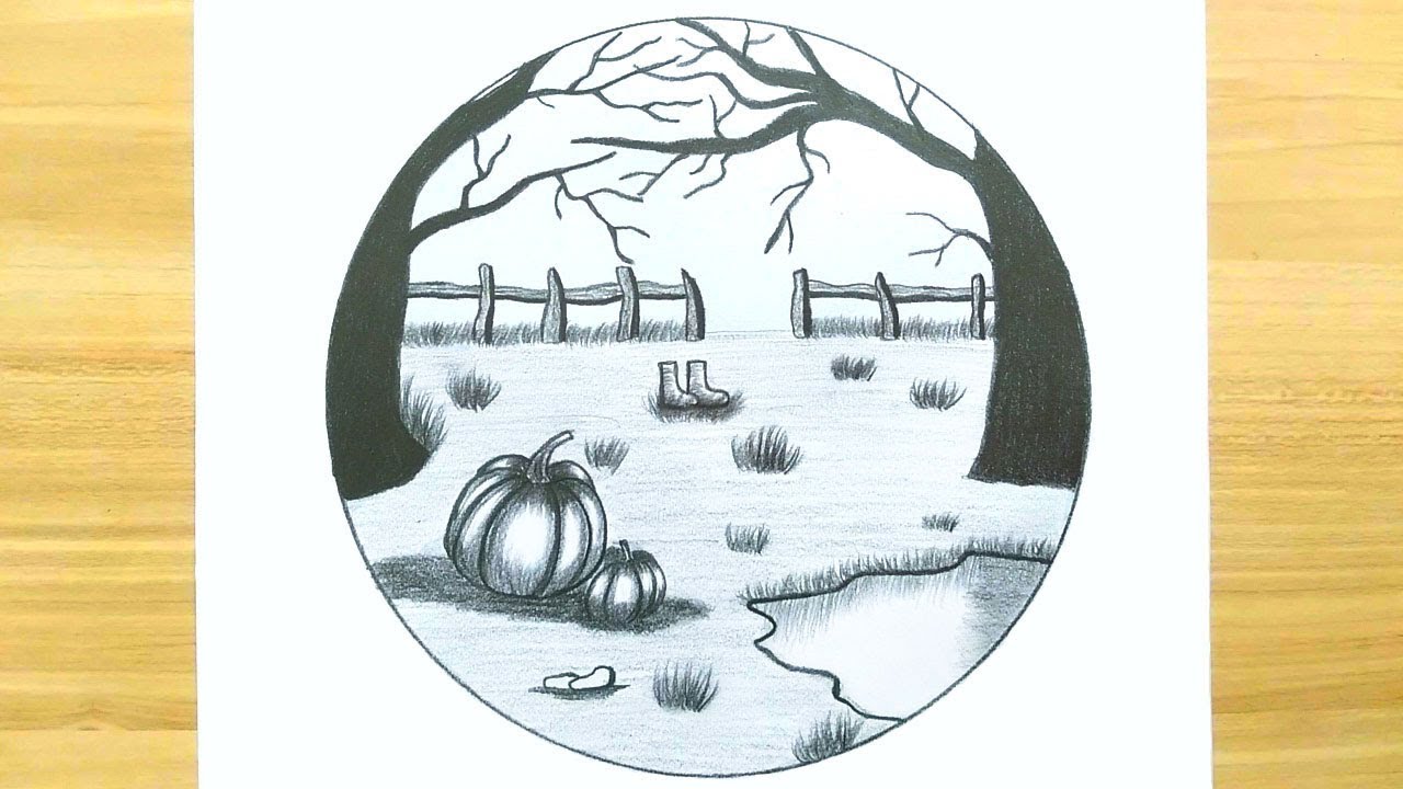 Pencil drawing of easy scenery inside circle step by step_how to draw ...