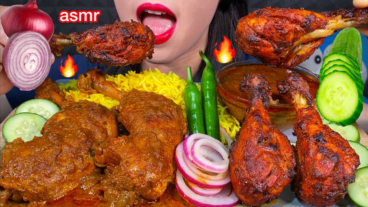 ASMR SPICY CHICKEN CURRY, TANDOORI CHICKEN, YELLOW RICE, CHILI MASSIVE Eating Sounds