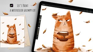 Let's paint a Grumpy Cat.  Procreate Watercolor Tutorial. Free sketch.