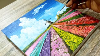 Easy way to paint tulip fields | Acrylic painting for beginners step by step