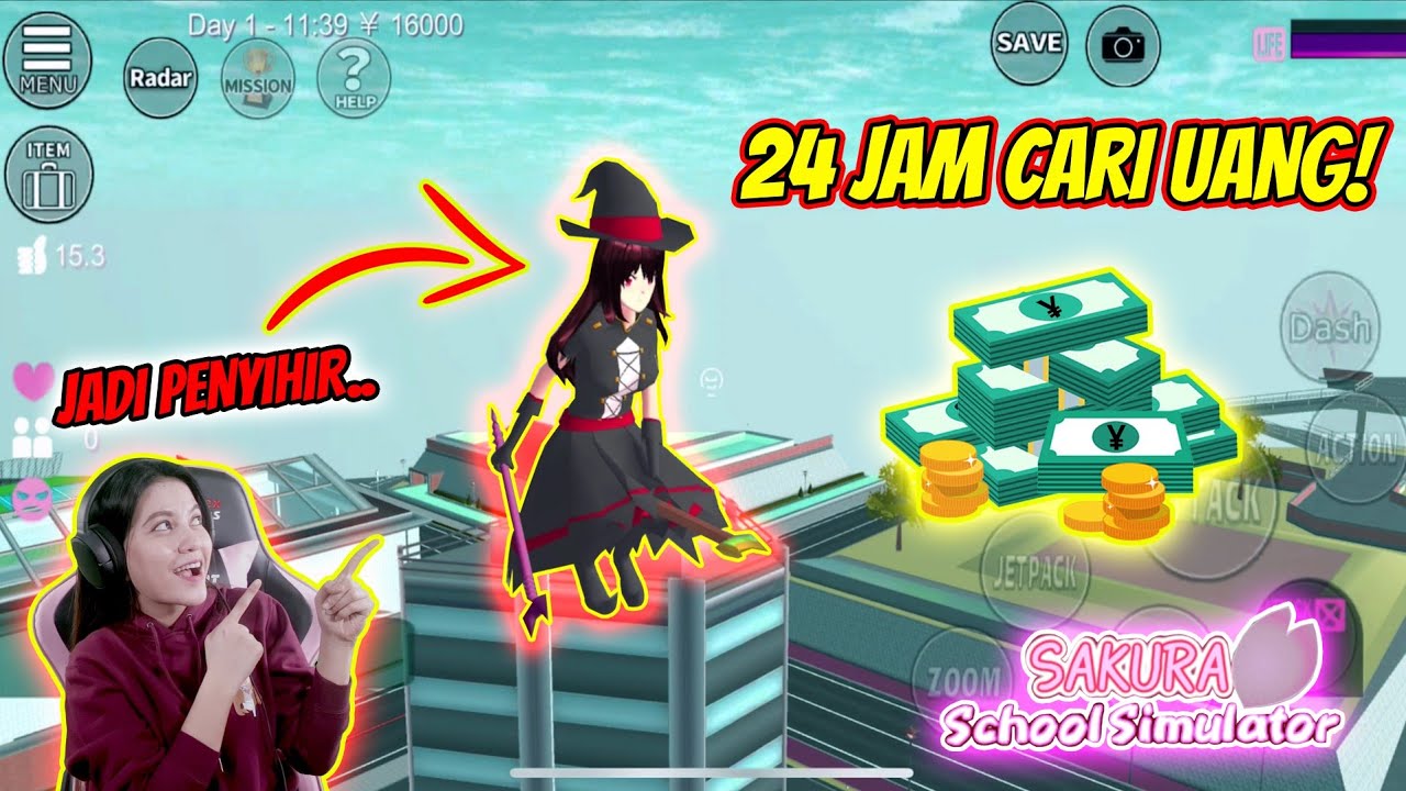 24 JAM MENGUMPULKAN UANG PAKAI KOSTUM PENYIHIR!! SAKURA SCHOOL SIMULATOR - Part 2