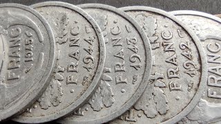 France coins value, 1 franc: 1931,1936,1940,1941,1942,1943,1944,1945,1947,1948,1957