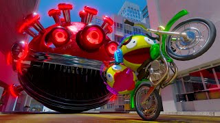 PACMAN & MS. PACMAN IN A FURIOUS MOTORCYCLE PURSUIT | RED OMICRON ROBOT PACMAN BATTLE!