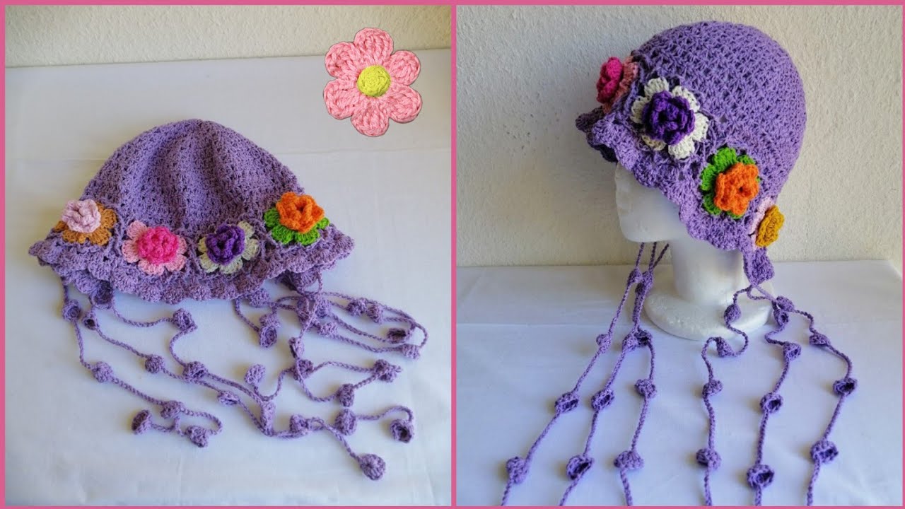 Crochet Bonnet with double flowers 💜