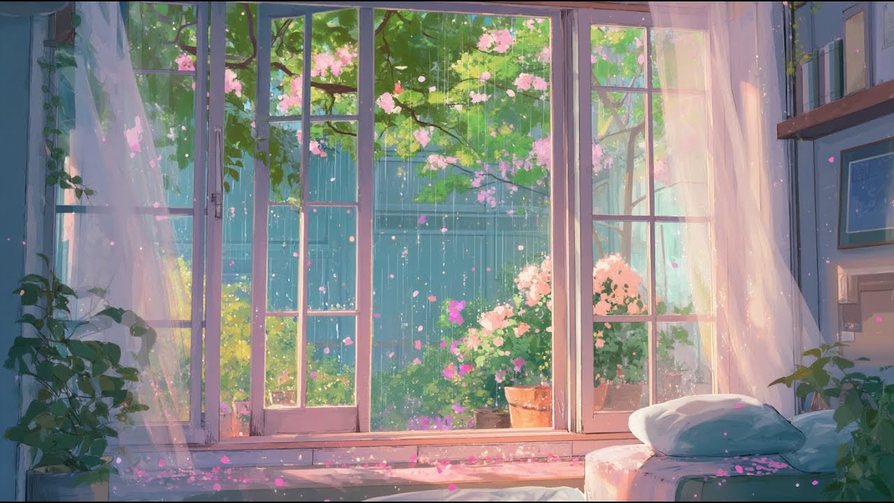 1 Hour of Gentle Rain & Piano with Falling Sakura – Anime Ambience for Sleep, Study & Relaxation
