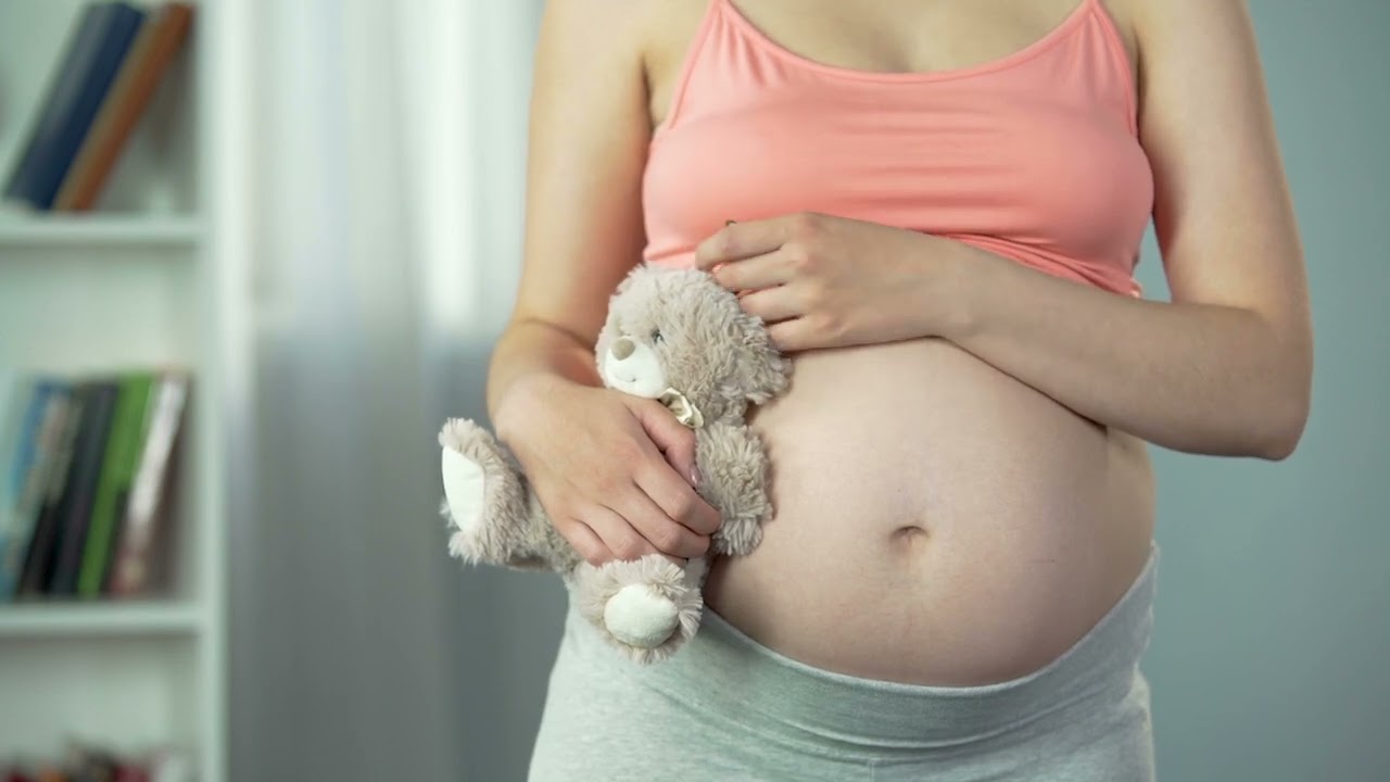 Dreamy Woman with Pregnant Belly Hugging Teddy Bear