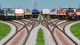 8 Indian Trains Crossing By Bumpy Branched Railroad Tracks || train games || train simulator classic