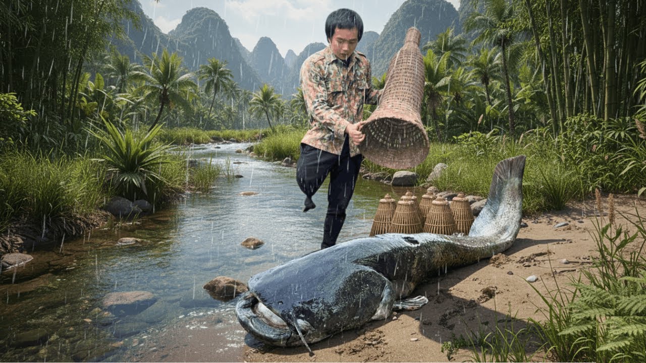 Unbelievable! One-legged man lands a GIANT fish after heavy rain🎣