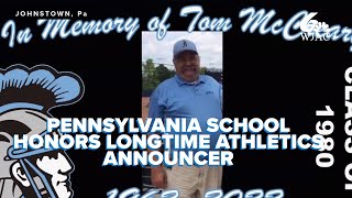 Pennsylvania school district pays tribute to longtime sports announcer with memorial banner