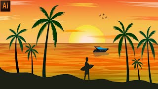 How To Draw A Vector Summer Season landscape In Sea Beach At Sunset In Illustrator( Tutorial)