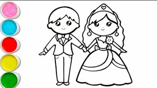 Cute Bride & Groom Drawing Painting Colouring for kids Toddlers | How to draw Bride & Groom easy