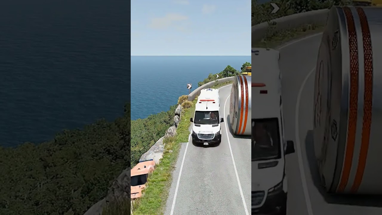 Cars & Ambulance Vans vs Giant Pit Bollard Crash - BeamNG.drive