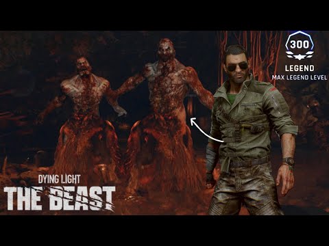 Kyle Crane in Dying Light: The Beast beside a Legend 300 crest labelled Max Legend Level, with Volatiles behind him
