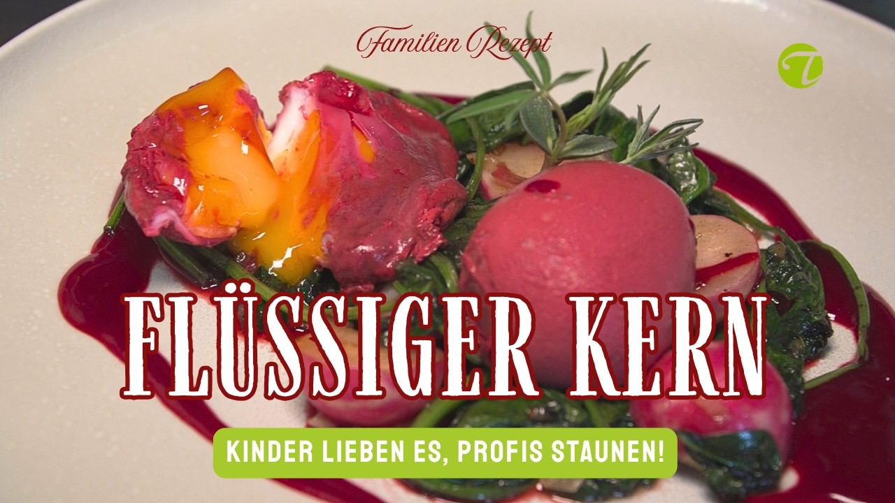 In Rote Bete-Saft pochierte Eier, mit angeschwenkten Radieschen und Spinat