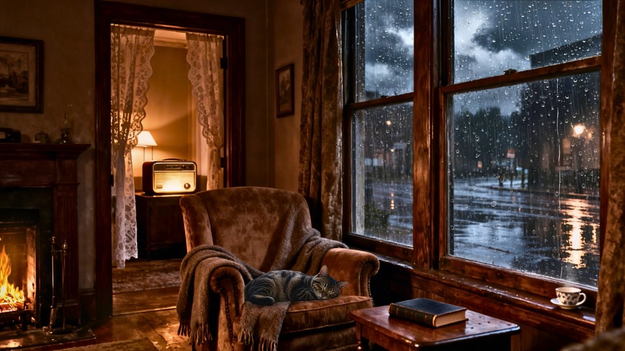 A Cozy 1950s Rainy Night 🌧️ Oldies Playing in Another Room | Fireplace & Vintage Rain Ambience