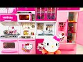 Pink kitchen set Hello Kitty for Barbie like dolls unboxing toys-juego de juguetes de cocina