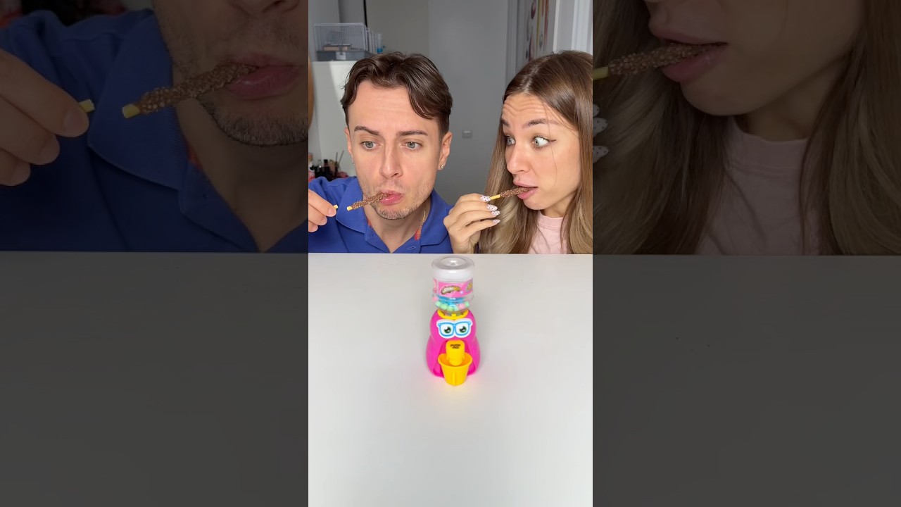 Girl ate giant chocolate stick before him and won candy bottle but it was awful on taste 😅😝