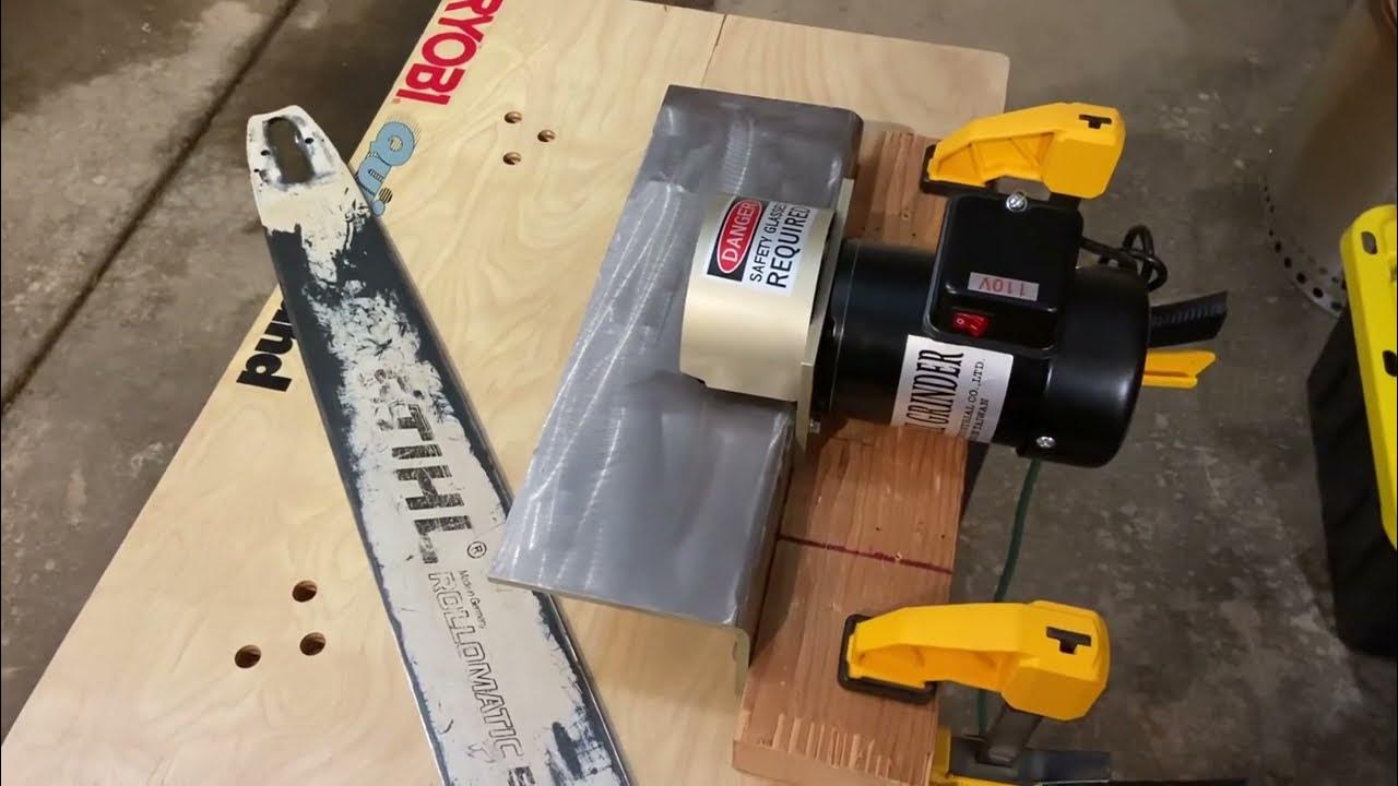 WoodlandPRO Industrial Bar Rail Grinder Dressing a Chainsaw Guide Bar