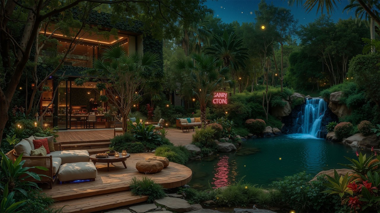 Tranquil Forest Waterfall Café 🌿 Smooth Jazz & Cozy Night Ambience for Study & Sleep
