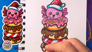 Como desenhar uma pilha de donuts de axolote natalina super fofa Tutorial facil 