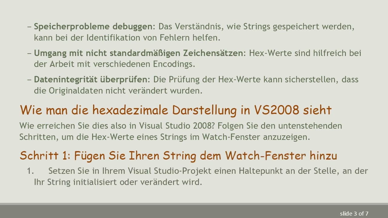 So zeigen Sie Hex-Werte eines Strings im Watch-Fenster von VS2008 an