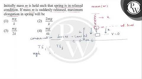 Initially mass \( m \) is held such that spring is in relaxed condition. If mass \( m \) is sudd....