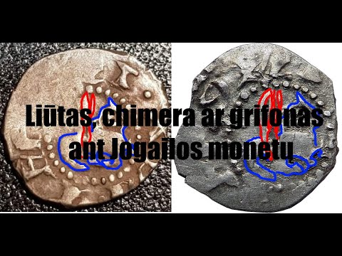 Liūtas, chimera ar grifonas ant Jogailos monetų.  Лев, химера или грифон на монетах Ягайлы.