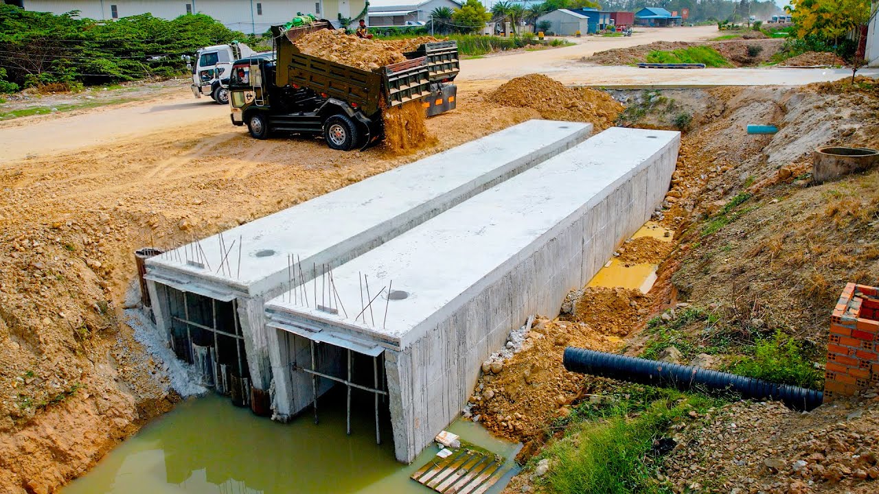 NICELY! Start New Project! Huge Sewer Drain Pipe Filling, Technical Skills Operator Dozer & 5T Truck