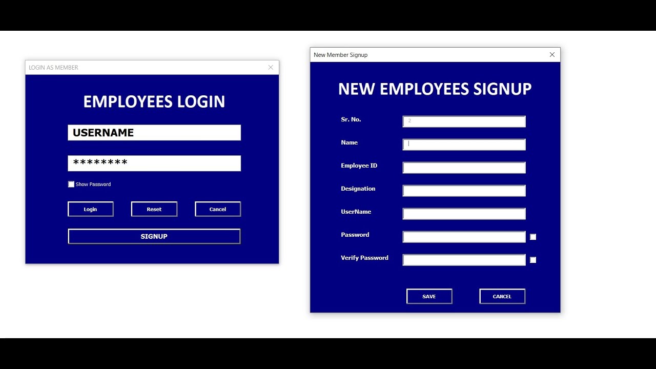 New Employees Login And Signup Form Excel Vba Youtube