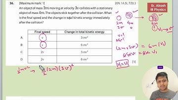 An object of mass 2m moving at velocity 3v collides with a stationary object of mass . The objects
