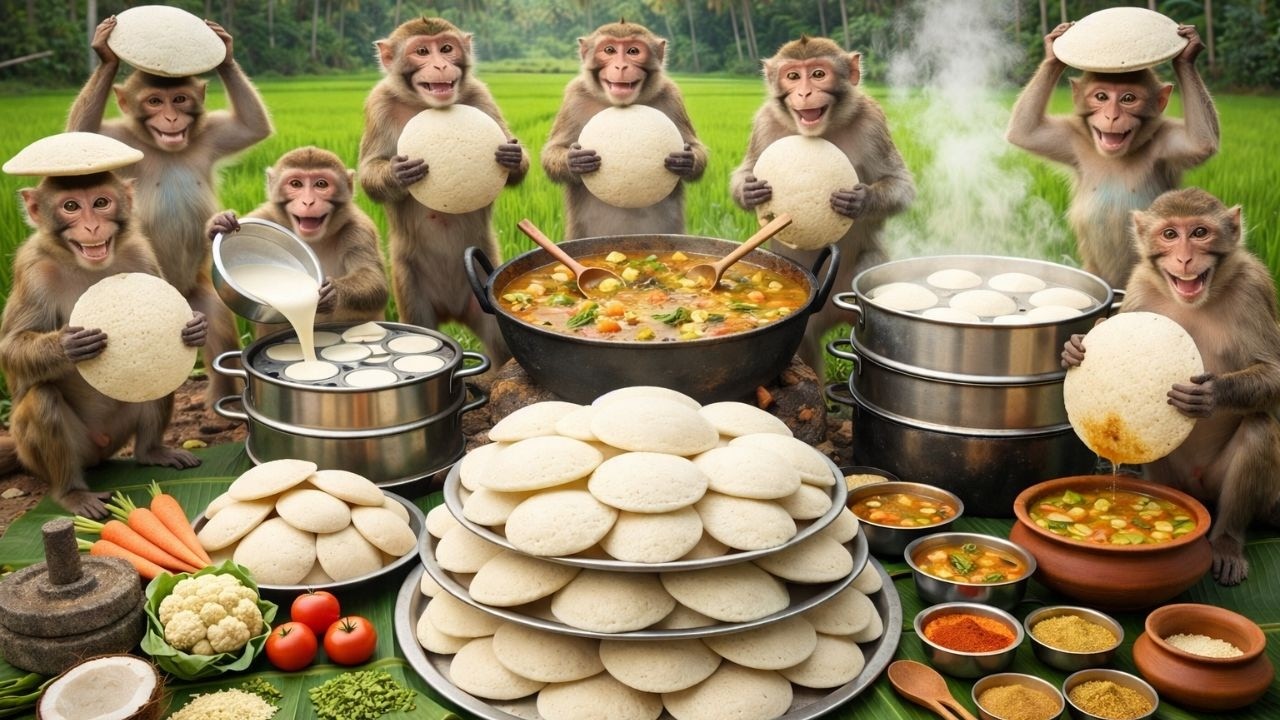 जंगल में बंदरों ने बनाया इडली सांभर 😱🥥🐒  Monkeys Made Idli Sambar in Jungle