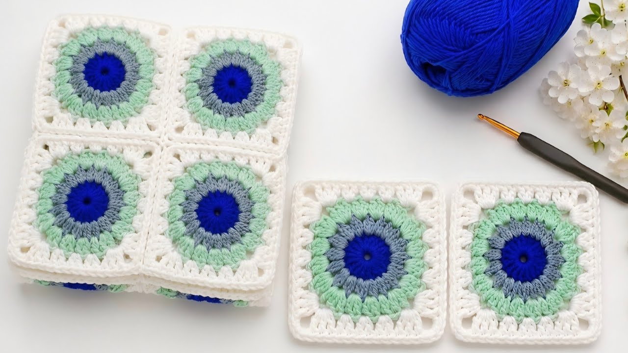 アイドル [MINYYUNY] Crochet Square Label Color 🔥 Viral Crochet Evil Eye Granny Square 🧿 | Easy Motif Tutorial