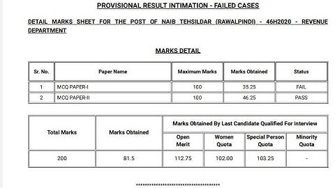 Open Merit Result II Naib Tehsildar Open Merit Result II Rawalpindi Naib Tehsildar Open Merit