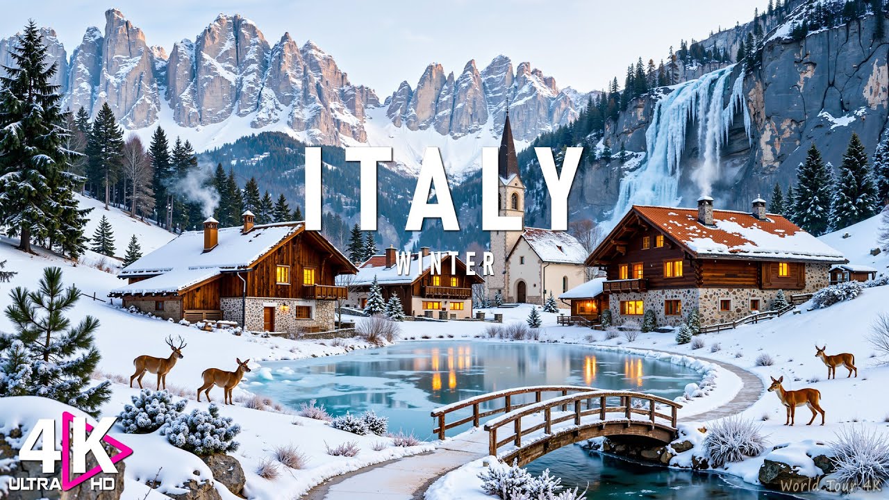 Northern Italy Winter 4K – Snowy Mountains, Quiet Lakes & Old Town Charm | Relaxing Music
