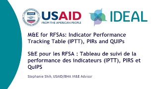 M&E for RFSAs: Indicator Performance Tracking Table (IPTT), PIRs, and QUIPs