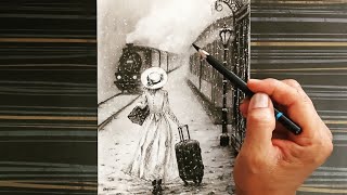 A girl on railway station in winter snowfall season landscape drawing with easy ways. screenshot 3