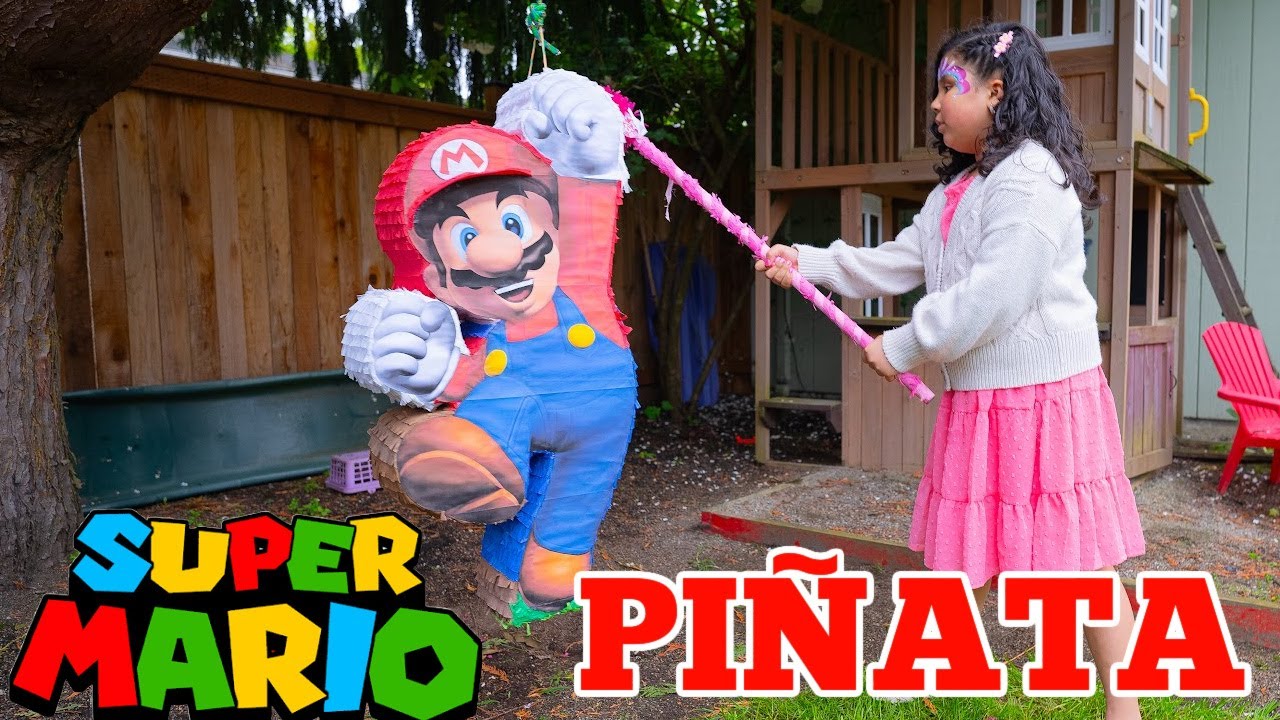 La PIÑATA (Niños Rompe la Piñata de MARIO BROS)  Fiesta de Briana