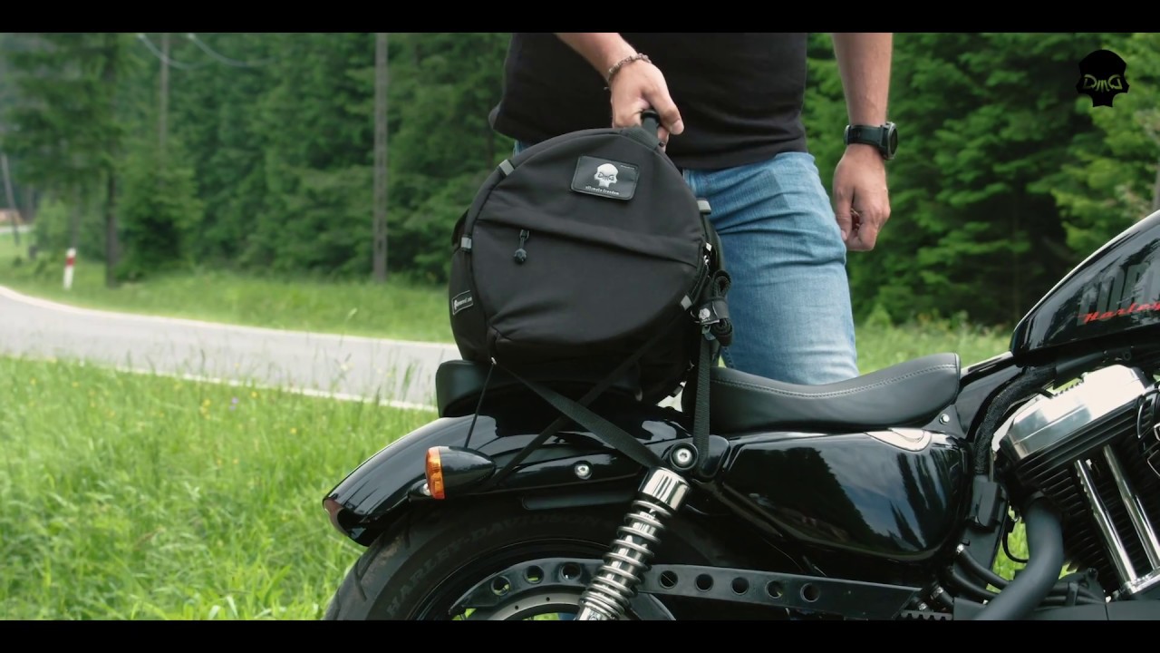 DEEMEED Tube bag mounted on the fender of HD Sporster motorbike without sissy bar or luggage rack