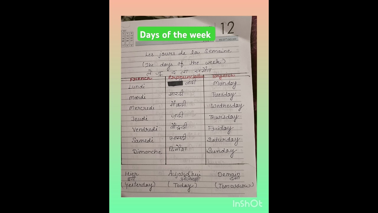 Days of the week in French with pronunciation in Hindi 