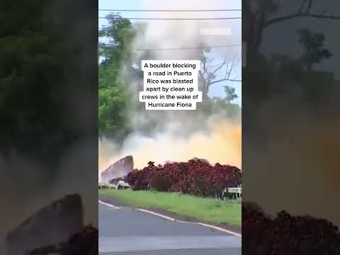 Boulder blocking a road in #puertorico was blasted apart by clean up crews