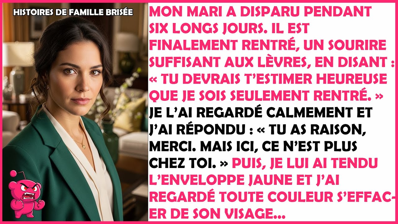 Mon mari a disparu six jours et est revenu fier — il ne s’attendait pas à l’enveloppe.