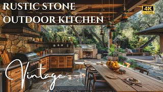 Rustic Outdoor Kitchens with Natural Stone Countertops, Rustic Cabinetry \& Cozy Outdoor Dining Area