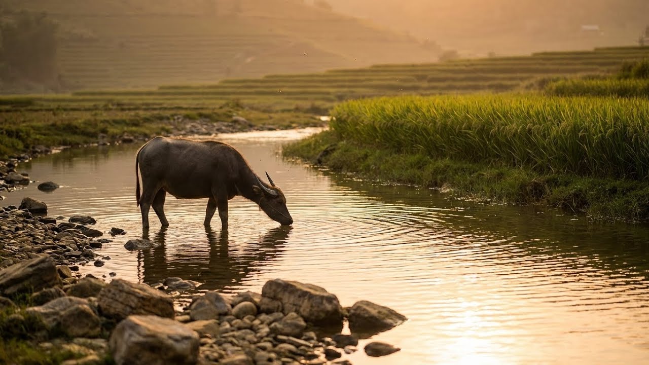 Water Buffalo in Asian Countryside | Nature Sounds (No Music) | Grazing & Wallowing 1-Hour
