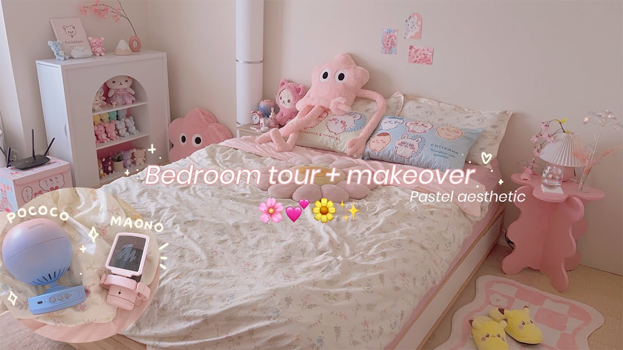 cozy room tour 🍃 bedroom makeover ✨ pink aesthetic 🌸 ft. MAONO ⭐ POCOCO galaxy projector