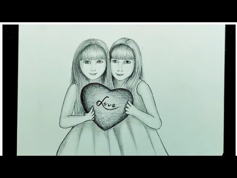 Two sisters drawing step by step//two friends drawing by pencil sketch