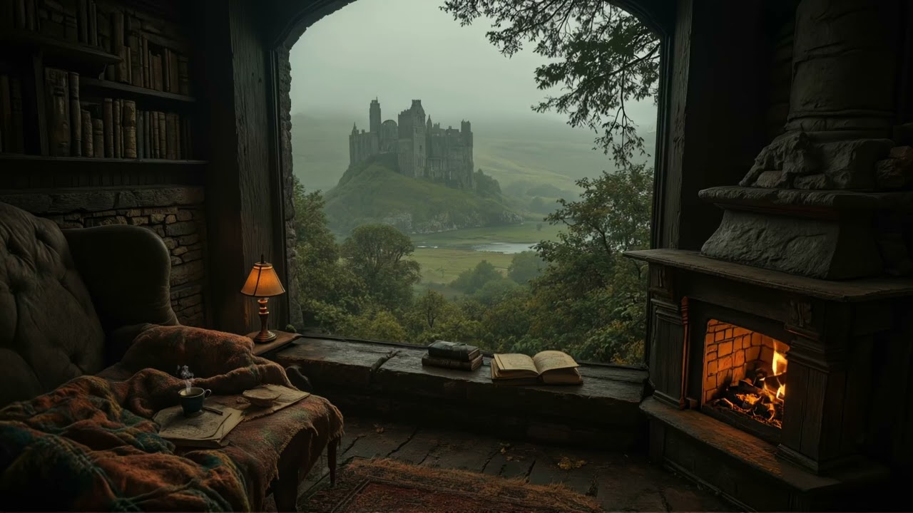 A Lonely Night with a Castle View | Dark Academia Ambience for Reading | Relaxing Fireplace