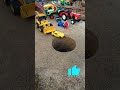 jcb pushing red pi car pi truck pi car in to deep pit infront autorickshaw and tractor #jcb #jcbtoys