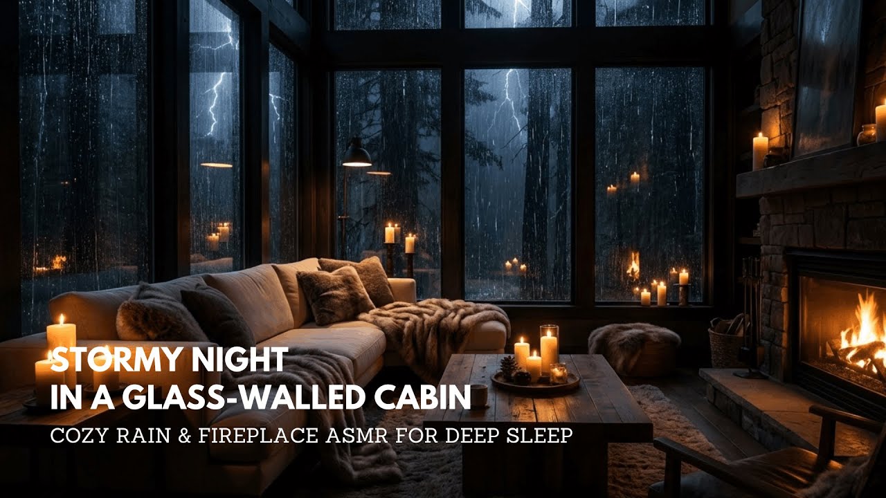 Stormy Night in a Glass-Walled Cabin – Cozy Rain & Fireplace ASMR for ...