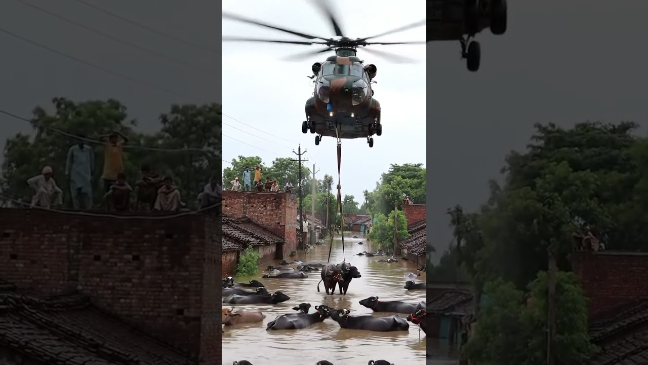 Indian Army Helicopter Rescues Buffaloes from Devastating Punjab Floods 