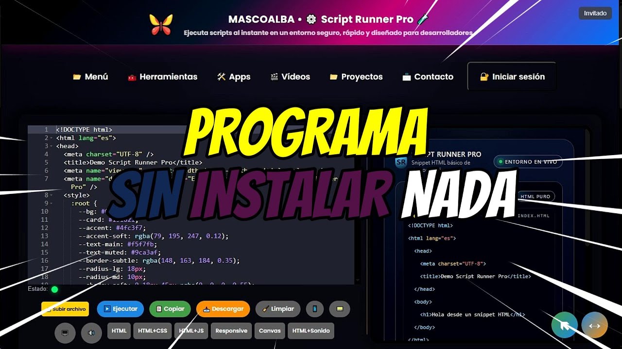 ⚙️ Script Runner Pro 🧪 Editor HTML, CSS y JS | herramienta GRATIS para programar sin instalar nada.